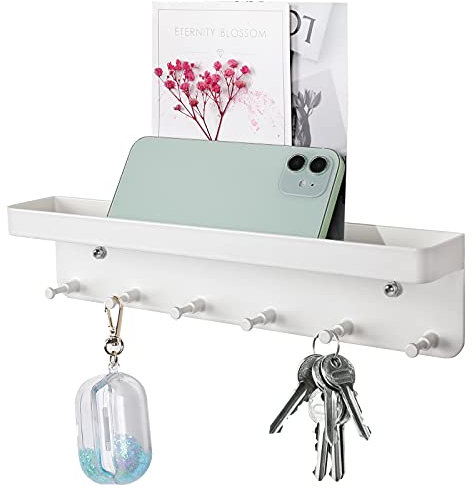 tixudao 6 Hook Wall Mounted Letter Holder with Key Hanger, Small Key Rack for Hallway, Entryway, Kitchen, Bathroom (White)