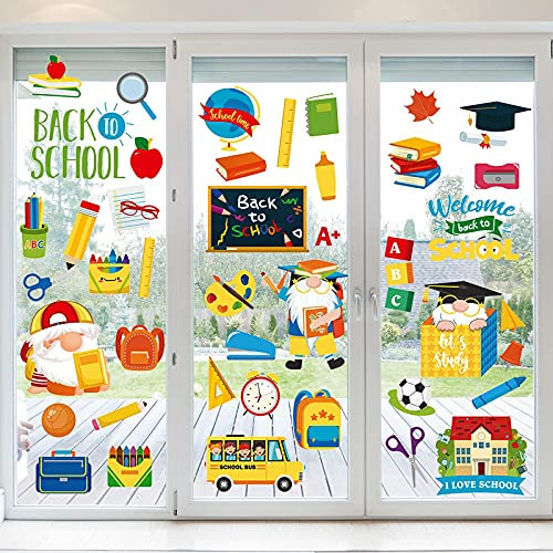 NBjiuyin Zurück zu Schule Fensteraufkleber, wiederverwendbar, statisch, Fensteraufkleber, Klassenzimmer, Fensteraufkleber für Wand, Glas, Auto, Schultag, Klassenzimmer-Dekorationen, 8 Blatt