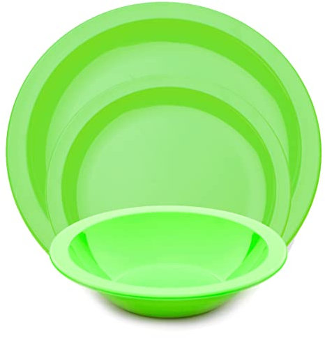 Harfield 3 Piece Tableware Set Dining Plates & Bowl Virtually Unbreakable Reusable Polycarbonate (Lime Green)