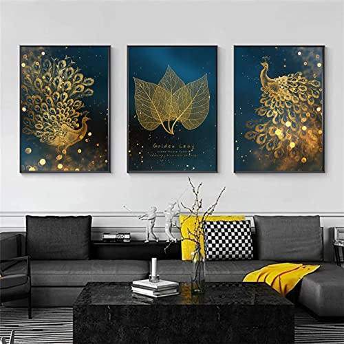 CULASIGN 3er Set Design-Poster Wandbilder, Goldene Blätter Pfau Poster Set, Ohne Rahmen, Wandbild Print Bilder Kunstposter Deko, Wanddeko Wohnzimmer (30x40cm)