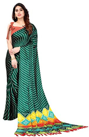 SIRIL Sari en soie imprimée à pompons et bandhani pour femme avec chemisier non cousu, vert bouteille, taille unique