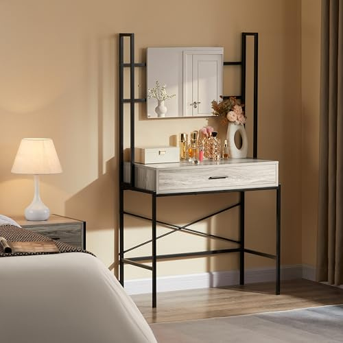 Vida Designs Brooklyn 1 Drawer Dressing Table Make Up Desk Vanity Set Industrial Bedroom Furniture, Grey