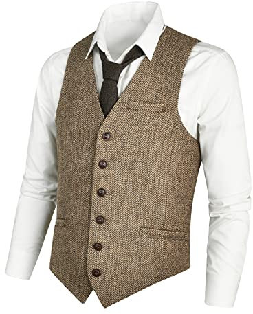 VOBOOM Herren Slim Fit Herringbone Tweed Anzüge Weste Premium Wollmischung Weste, Hellkhaki, X-Large