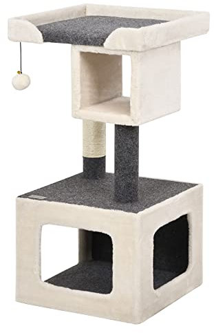 GYMAX Cat Activity Tree, Cats Tower with 2 Plush Condos, Sisal-covered Scratching Posts and Perch, Play Centre, Furniture for Kittens (White + Grey)