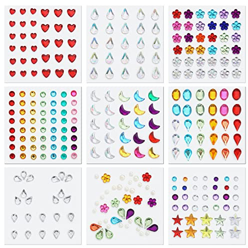 9 Sheets Festival Gems Stick on, Self-Adhesive Face Jewel Stickers Diamonds Rhinestones Decals for Makeup, Nail Sticker for Face Eye Arm Body Nail Art Design Decoration Party Supplies (Multicolored)