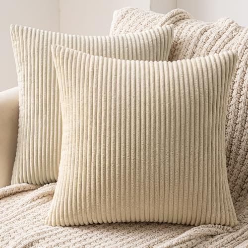 MIULEE 2er Set Kissenbezüge Kord Kissenhülle Dekorative Kissenbezug Sofakissen Couchkissen Dekokissen Zierkissenbezug Deko Kissenhülle mit Verstecktem Reißverschluss 50x50cm 20x20in Cremegelb