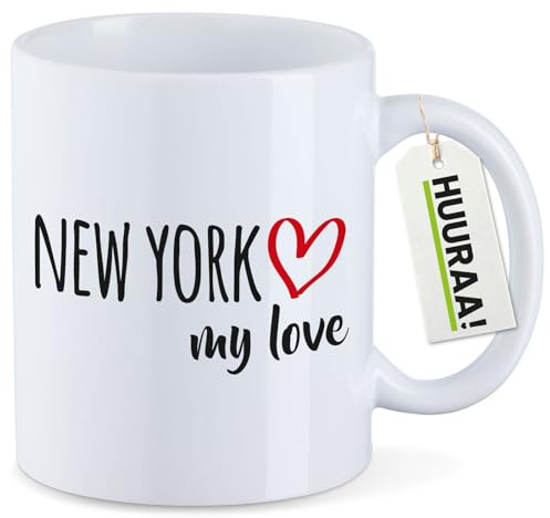 Huuraa Kaffeetasse New York my love Geschenk | Motivtasse 330ml Weiß Keramik Tasse mit Spruch Kaffeebecher Geschenkidee Becher mit Motiv