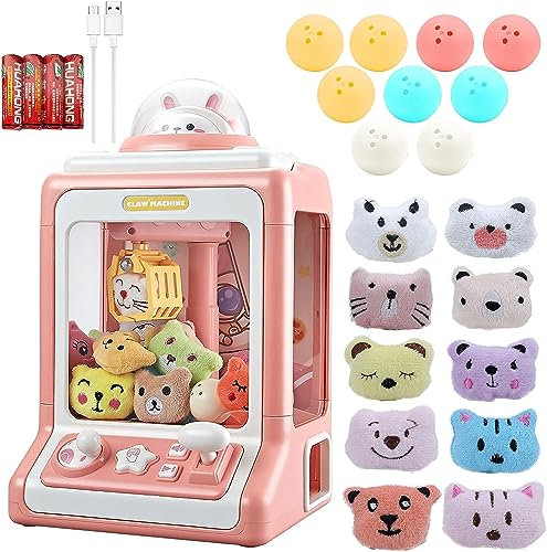 Woeau Mini Claw Machine - Claw Machine Arcade Game with Music and Lighting Grabber Machine with 10 Dolls and 10 Twisted Eggs Giving Children The Best Gift(Pink)