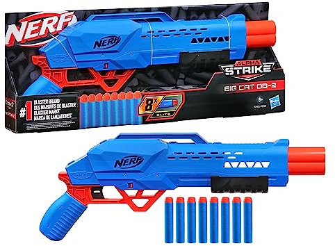 Nerf Alpha Strike Big Cat DB-2 Blaster, Double Baril, Tire 2 fléchettes dans Une rangée, Comprend 8 fléchettes Officielles Nerf Elite