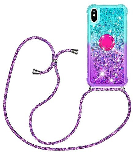 HomiTunky Handykette für iPhone X/XS Hülle mit Band,Silikon Durchsichtig Transparent Flüssig Glitzer mit Kette Kordel Bumper Treibsand Necklace TPU Schutzhülle iPhone X/XS Case,Blau-Lila