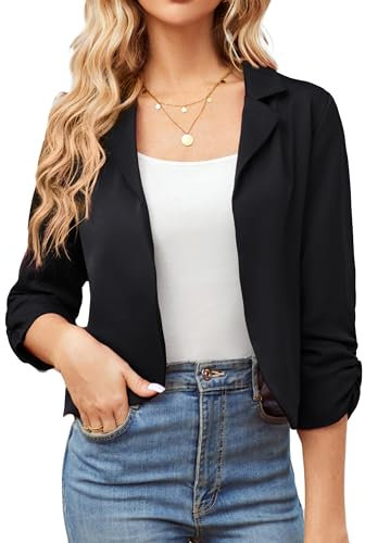 Damen Open Front 3/4 Ärmel kurz Leicht Jacke Business Casual Cropped Blazer Mantel Strickjacke Cardigan M Schwarz-Anzugstoff CL2584A23-01