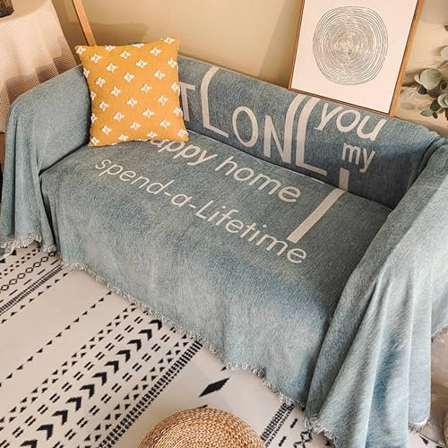 Sofabezug Recamiere, Blau Waschbar Sofa Protection Cover Schonbezug Couch Englische Buchstaben in Reiner Farbe mit Fransen gedruckt aus Chenille, 130x180cm