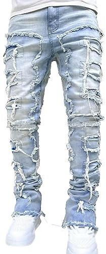Jeans applicati strappati dritti a zampa pantaloni jeans a tubo da uomo patchwork rovinati lavati vintage larghi punk denim pantaloni hip hop jeans moda skateboard jeans, Azzurro, S