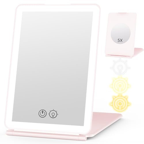 WEILY miroir Maquillage Lumineux, 5X Grossissant, Écran Tactile LED, 3 Couleurs, USB Rechargeable Miroir Coiffeuse pour Le Voyage (Rose)