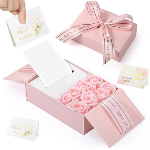 Resholder Weihnachts-Spardose für Bargeld, Geschenk, Geldgeschenkbox, Geldauszug-Set, Geburtstags-Geldbox mit 8 Seifenrosen, 2 Grußkarten, 1 Lichterkette, für Mutter, Ehemann, Ehefrau, Rosa