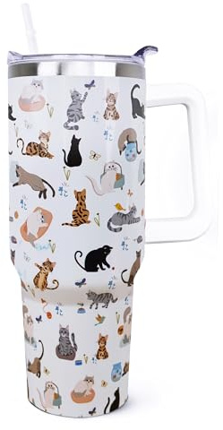 ZNYYZYBA 40 oz Tumbler With Handle and Straw, Cat Tumbler With Leak Proof Lid, Reusable Stainless Steel Insulated Travel Coffee Mug, Gifts for Cat Lovers
