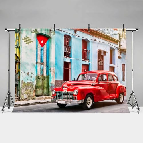MEHOFOND 2,1 x 1,5 m Retro-Straßen-roter antiker Auto-Fotografie-Hintergrund, Havanna, Kubanische Stadt, klassischer alter Bauhintergrund, Kinder, Erwachsene, Portrait, Themenparty, Dekoration,