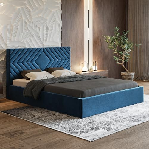 MOTIVENA Eva Polsterbett 160x200 Blau, Polsterbett 160x200 Samt, Polsterbett 160x200 mit Bettkasten, Polsterbett 160x200 mit Stauraum, mit Lattenrost, mit Kopfteil, ohne Matratze, Dunkelblau