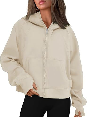 Timuspo Hoodie Damen Classics Sweatshirt Hoody Pullover Oberteile Zip Up Kurze Jacke mit Kapuze Reißverschluss Y2k Sweatjacke Beige M