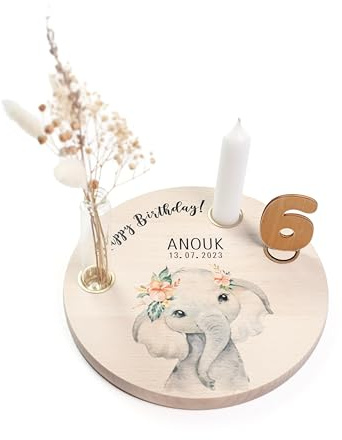Nord-Kind® Geburtstagsteller personalisiert – Elefant | Personalisiert aus Buchenholz, inkl. Kerze, Vase, Zahlen und Haltern; 20 cm.