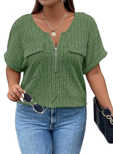 Gemulate Green Top Ladies Plus Size Tops Short Sleeve Jumpers for Women UK Casual Ladies Loose V Neck Lightweight Shirts Blouses Plus Size Clothing for Women - Green, XXL
