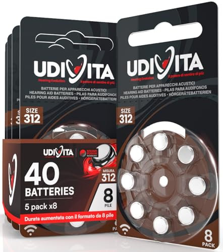 40 Batterie per Apparecchi Acustici Udivita Misura 312 PR41 (Marroni) con Tecnologia Phono Pulse - 5 Blister da 8 Pile