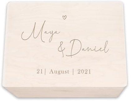 hellomini Personalisierte Erinnerungskiste aus Holz - Geschenk zur Hochzeit | Individuell mit Namen & Datum - Hochzeitsgeschenk/Hochzeitskiste (Herz, L: 40x30x23cm)