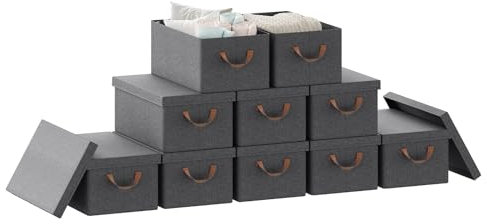 WOLTU Faltbare Aufbewahrungsboxen 10 Stück, Stoffboxen mit Deckel, Aufbewahrungskörbe für Kleidung, Bettdecke, Spielzeug, Grau, 48x29x20cm