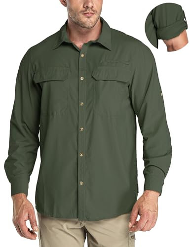 33,000ft Men's Long Sleeve Shirts UV Protection Safari Button-Down Shirt Breathable Wicking Quick Drying Outdoor Top with Pockets for Hiking Fishing Golfing,Dark Army Green XL
