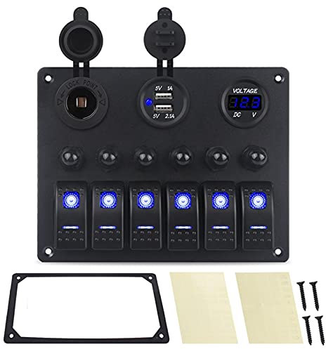 MUEOSI for Panneau de Commande de Voiture 6 Gangs, Interrupteur de Bateau Marin avec disjoncteurs + voltmètre Lumineux, interrupteurs de Voiture + Double Chargeur USB Tableau électrique