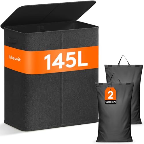 Lifewit 145L Wäschekorb 2 Fächer, Wäschesammler mit Deckel, Wäschekorb Wäschekörbe Groß 2 Abnehmbarem Wäschesack, Laundry Baskets mit Griffen, Waschenkorbe Wäschetonne Wäschesortierer, Schwarz