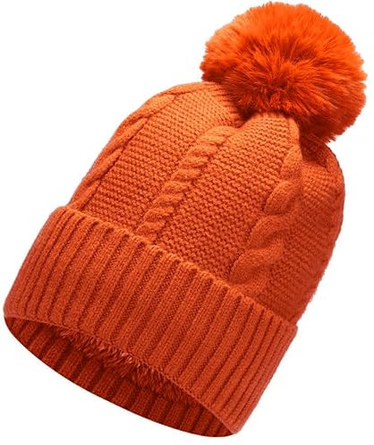 Gadgets Mafia Warme Grobstrickmütze für Damen, mit Bommel, Thermo-Teddy-Fleece-Futter, Kunstfell-Mütze, burnt orange, Einheitsgröße