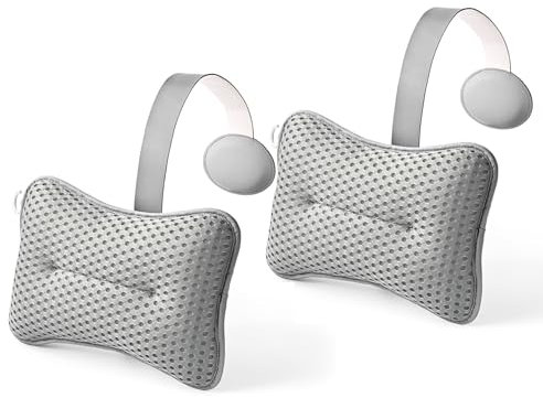 HUGABOW 2-Pack Large Pillow for Hot Tub (Grey), Spa, and Chaise Lounge - Universal Headrest & Neck Support Cushion, Adjustable Height with Long Strap, Easy Drying with Hook (2-Pack)