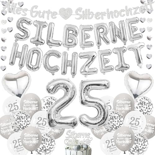 Silberhochzeit Deko Luftballons Girlande Set - Silber Hochzeitstag Folienballon Banner und Tortendeko, Garlande Zahl Ballons zum 25. Jubiläum Silberne Hochzeit Party Dekoration