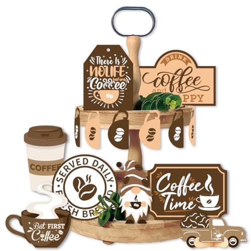AHANDMAKER 14 Pieces Coffee Bar Gnome Themed Tiered Tray Decor Set with Coffee Cup, Truck Sign, Coffee Bean Charming Decor for Coffee Shop Home, Kitchen, Farmhouse, and Tabletops in Rustic Style