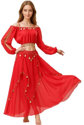 Baisdan Costume de danse orientale pour femme avec haut court et jupe en mousseline de soie pour danse du ventre