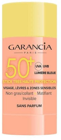 Garancia - Stick Solaire Invisible SPF50+ - Très Haute Protection UVA/UVB & Lumière Bleue - Zones Sensibles, Lèvres, Visage - Non Gras, Résiste A l'Eau - 15g