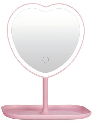 AESZITTEW Make-up-Spiegel mit Lichtern, Herz-Kosmetikspiegel mit Organizer, einstellbarer dimmbarer Touch-Sensor, 180° Drehung (#3)