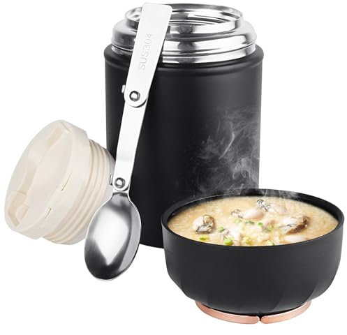 ICEBLUEOR 500ml Food Flask for Hot Food, Portable Soup Flask with Handles, Stainless Steel Vacuum Food Jar with Folding Spoon, Leakproof Hot Food Containers for Kids School Office Picnic(Black)