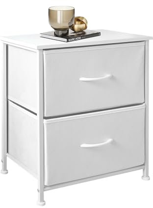 YORFULL White Bedside Table Chest of Drawers with 2 Fabric Storage Drawers Bedside Cabinet with Metal Frame, Small Table for Bedroom Living Room Offices 54x30x45cm
