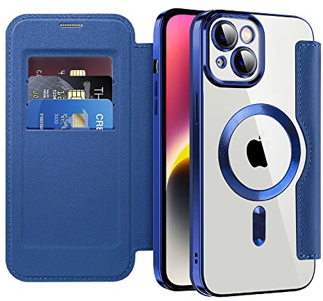 SIYOPINPFY Wallet Case for iPhone 14 with Card Holder, Navy Blue JD | [Compatible with MagSafe] [RFID Blocking] Premium Flip Leather Card Slots Holder , Magnetic Clear Back Shockproof Phone Case