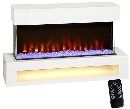 HOMCOM Elektrokamin mit Heizung, Elektrischer Wandamin mit 11 Farbige Flammeneffekt, 10 Kristallfarben, 2000W Standkamin Dekokamin mit Regal, Fernbedienung, Timer, Thermostat, LED Anzeige