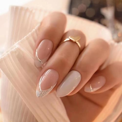 KJMWXOP 24 Stück mittelgroße mandelförmige Kunstnägel, French Tip Stick on Nails Gold Swirl, abnehmbare Klebenägel zum Aufdrücken, French White Tip Pink Fake Nails, Acryl Full Co