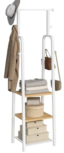 MAHANCRIS Garderobenständer mit Kleiderstange, freistehender Kleiderständer mit 3 Ablagen und 8 Haken, für Mäntel, Taschen, für Eingangsbereich, Schlafzimmer und Flur, Weiß und Natur ACRBN14901