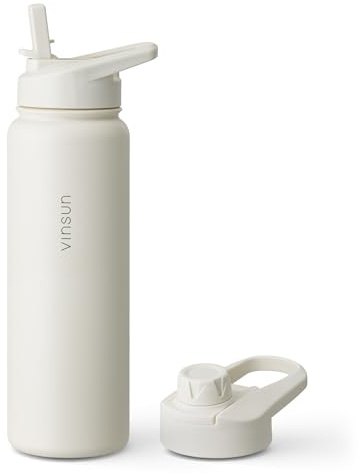 Vinsun Trinkflasche Edelstahl creme 750ml inkl. 2 Deckel - auslaufsicher | Strohhalm Deckel & Trinköffnung - Kohlensäure geeignet, BPA frei - isolierte Thermosflasche Sport, Schule, Outdoor