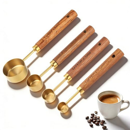 Coffee Measuring Spoons Set of 4, Stainless Steel Gold Measuring Scoop with Wooden Handles Teaspoon Measuring Cups for Coffee Tea Spices Cooking Baking