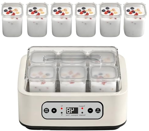 Yaourtière électrique 20 W, 1,5 L avec 6 pots en verre, température et minuterie réglables, contrôle précis de la température, yaourtière multifonctionnelle pour yaourt probiotique fait maison