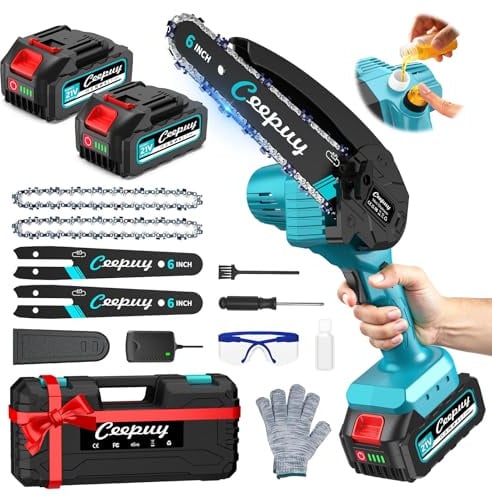 CEEPUY Mini motosega a batteria 2x4000 mAh, 6 pollici motosega elettrica senza fili con iniettore di olio e catena di ricambio, adatta per potatura di alberi da giardino (880W)