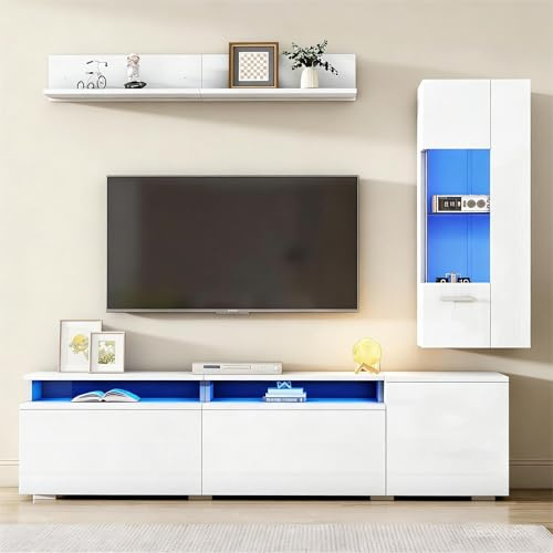Kebnor TV Wohnwand Set 3-teilig LED Beleuchtung Hochglanz Wohnzimmer Möbel Set Frontale Wohnwand 1 x TV Schrank, 1 x Wohnzimmer Vitrine, Hängeregal, TV bis 80' Weiß