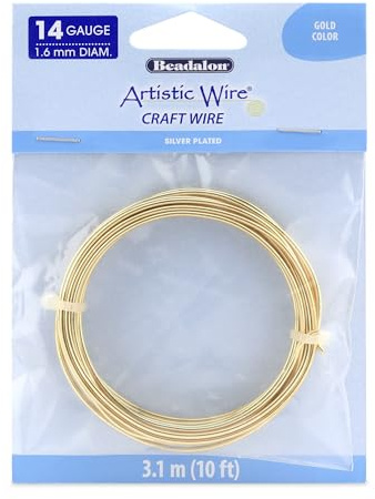 Artistic Wire, 14 Gauge / 1.6 mm Silver Plated Tarnish Resistant Copper Craft Wire, Gold Color, 10 ft / 3.1 m